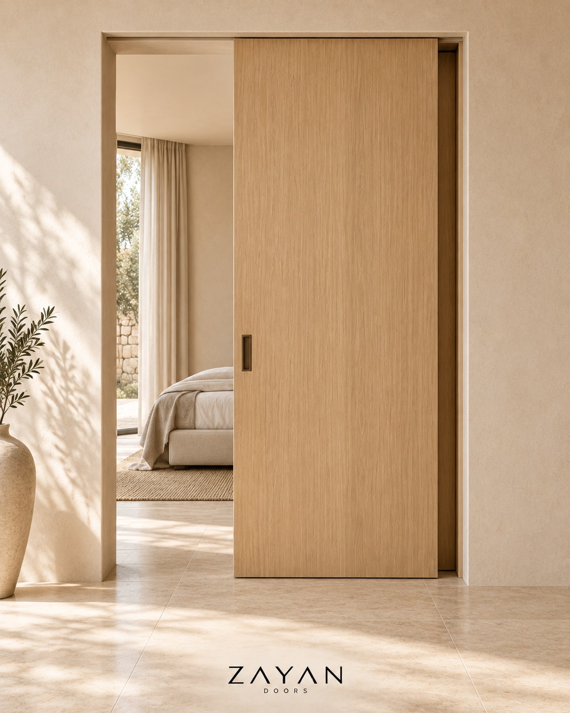 Porte coulissante en chêne clair avec poignée encastrée, ouvrant sur une chambre