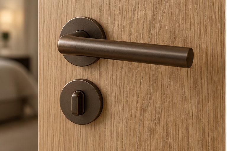 Béquille bronze et rosace de clé sur une porte en chêne