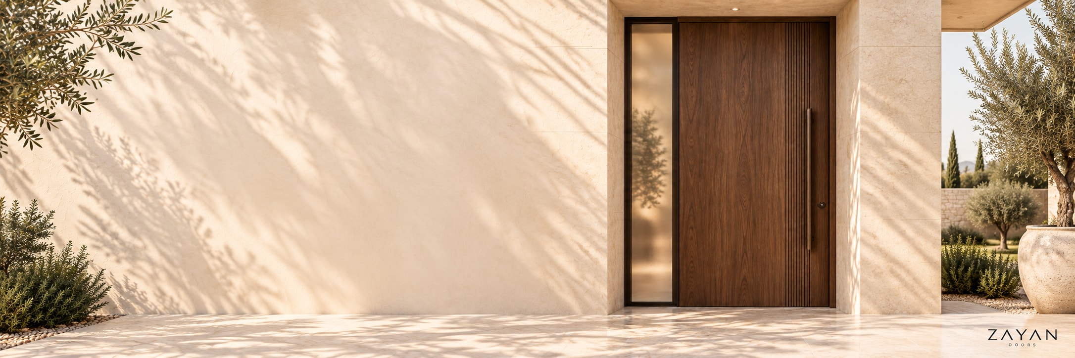 Porte d'entrée en noyer avec partie à tasseaux verticaux et imposte vitrée, fabriquée par Zayan Doors à Marrakech
