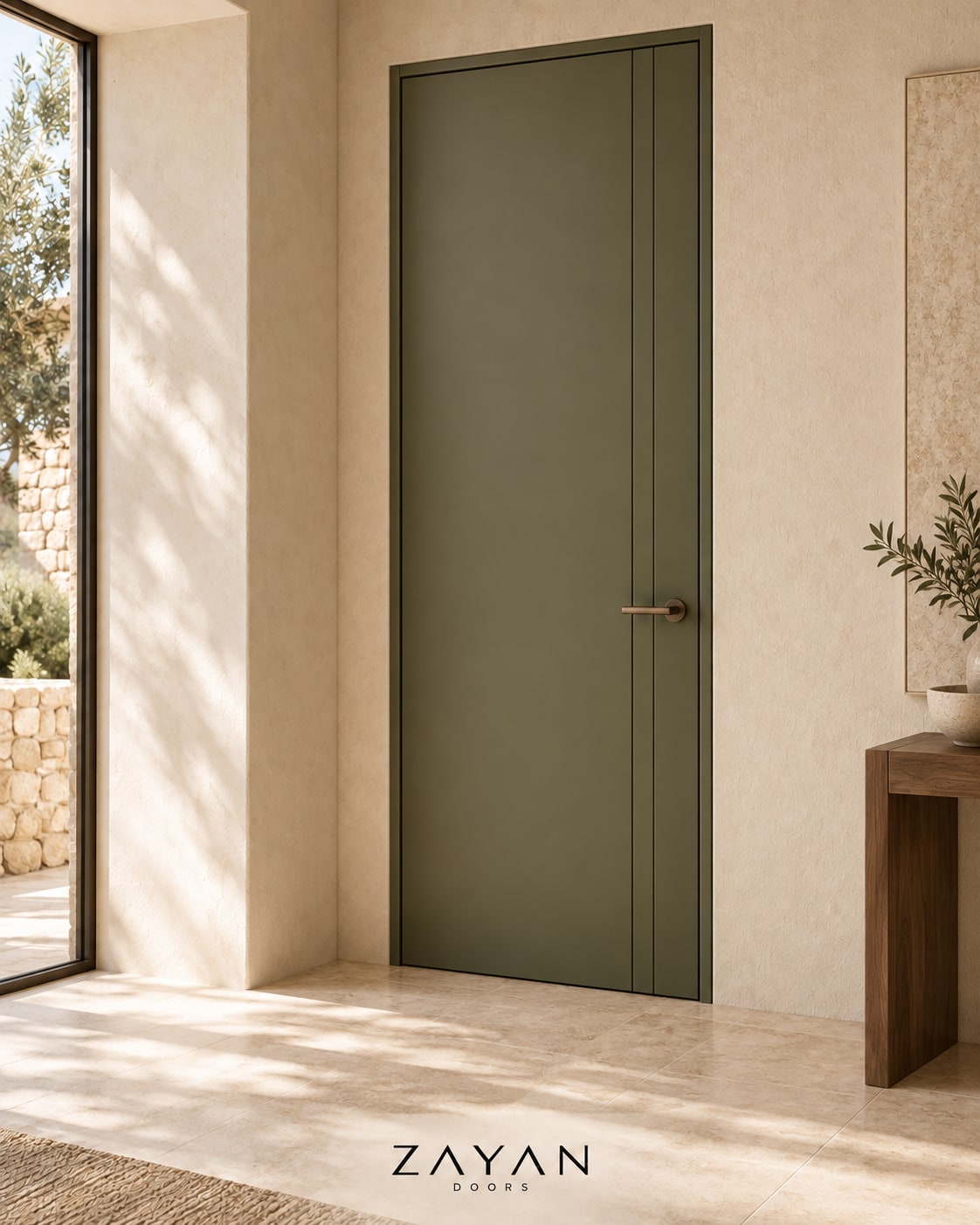 Porte intérieure laquée vert olive à rainures verticales, béquille bronze
